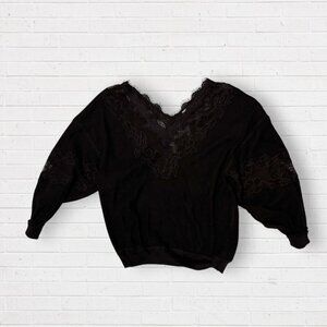 WE THE FREE Black Lace V-Neck Front Back Sweater Waffle Knit Top XS